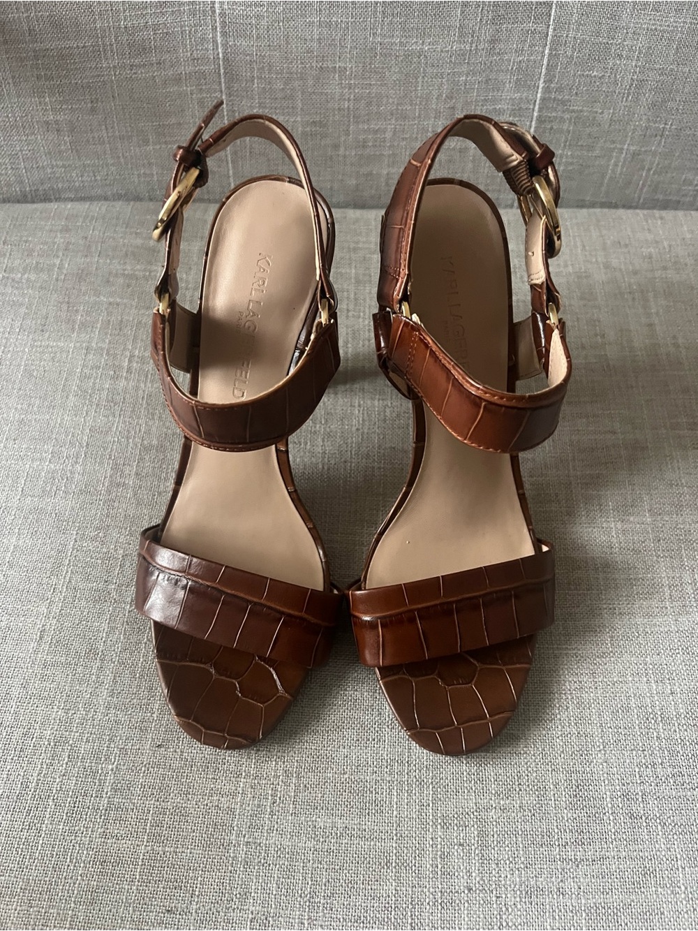 Karl Lagerfeld Brown Leather Croc-print heels, size 7, dressy occasion luxury